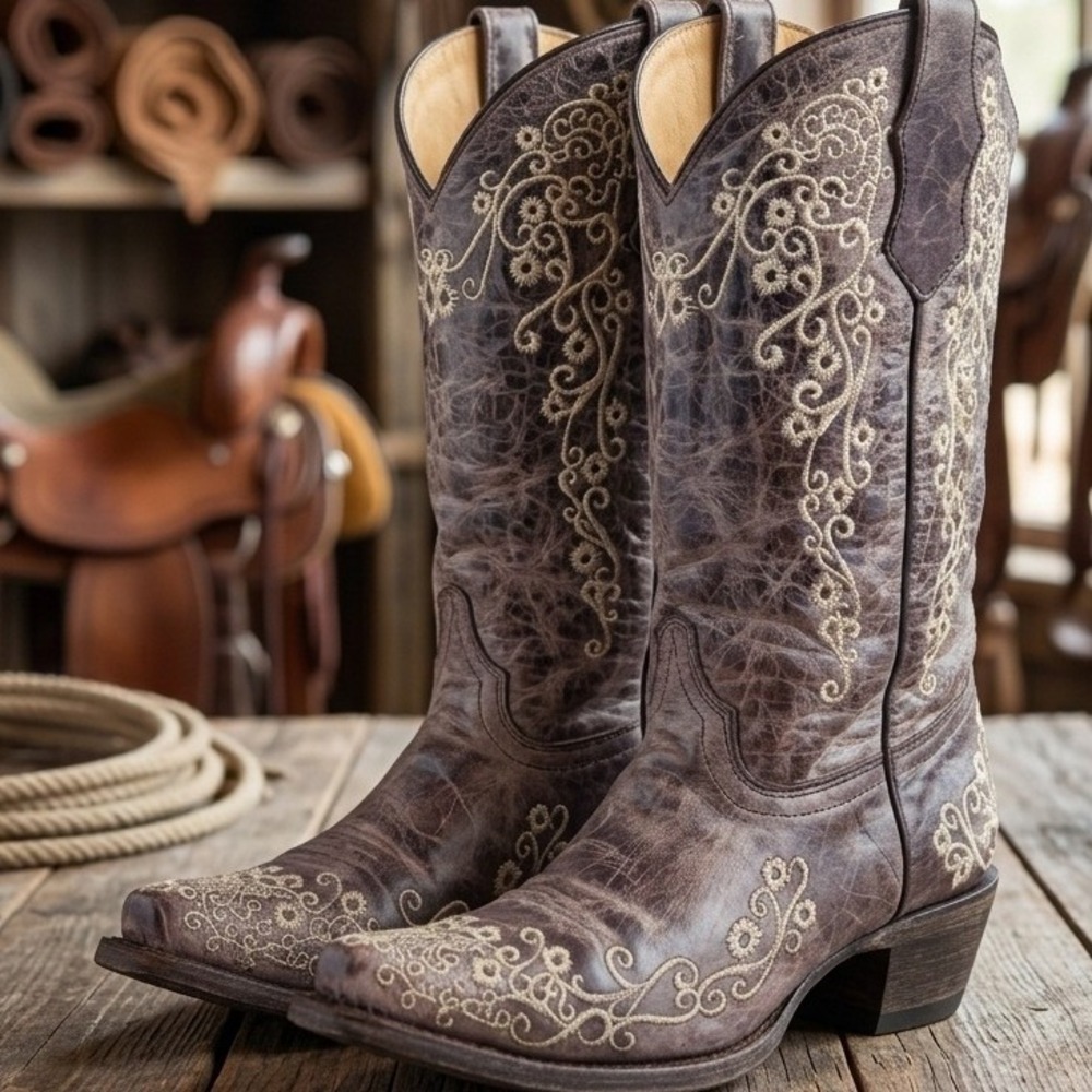Corral Teens Brown Leather Floral Embroidered Western Cowboy Boots A2773 Size 3T